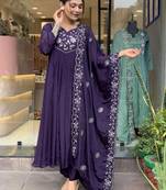 Purple pure chinon heavy thread embroidery work kurta pant set