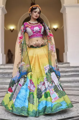 Elegant Yellow Lehenga Choli with Sequins and Organza Dupatta
