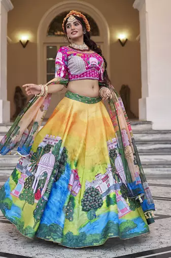 Elegant Yellow Lehenga Choli with Sequins and Organza Dupatta