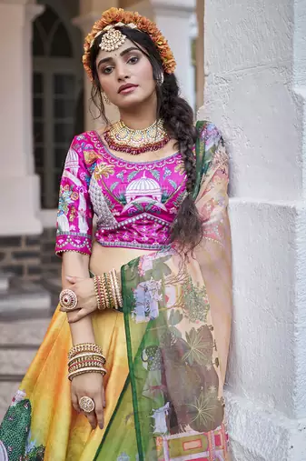 Elegant Yellow Lehenga Choli with Sequins and Organza Dupatta