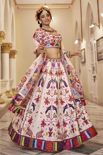 Stunning Kasab Worked Off-White Art Silk Lehenga Choli