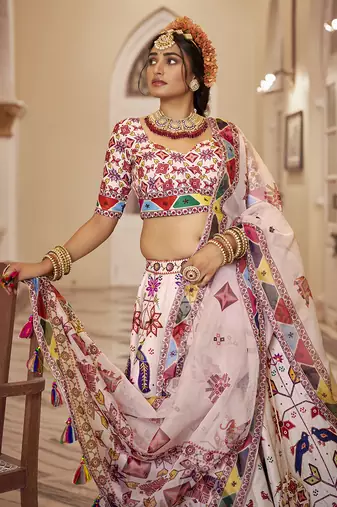 Stunning Kasab Worked Off-White Art Silk Lehenga Choli