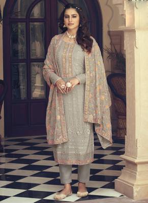 Beige chinon embroidered salwar suit 1