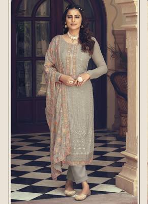 Beige chinon embroidered salwar suit 2