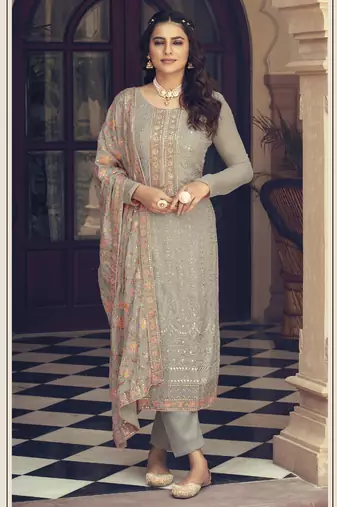 Beige chinon embroidered salwar suit