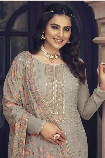 Beige chinon embroidered salwar suit