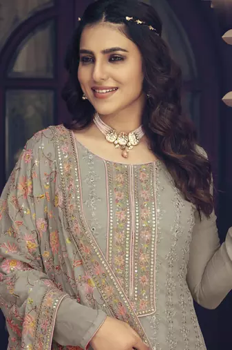 Beige chinon embroidered salwar suit