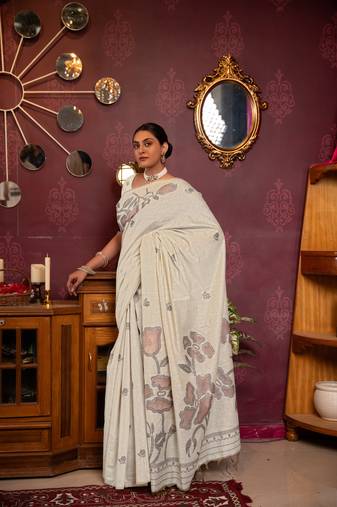 Beige pista mul cotton woven saree