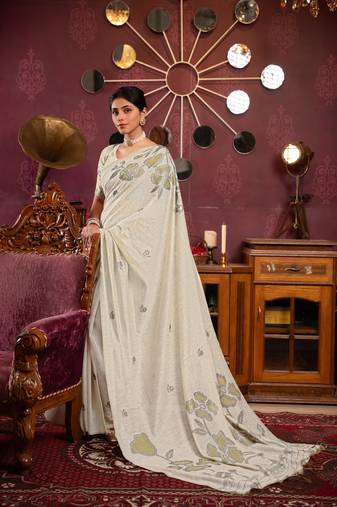 Beige Pista green mul cotton woven saree