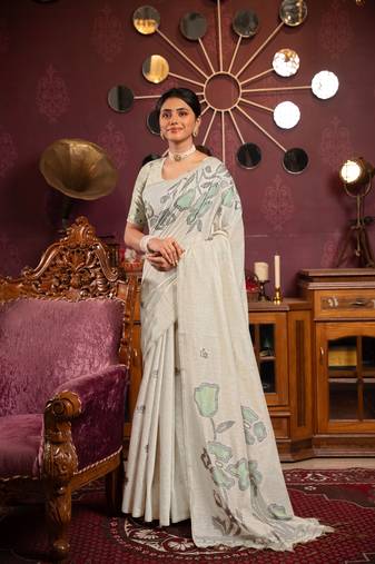 Beige Sea green mul cotton woven saree