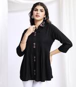  black pure viscose floral embroidered shirt style top