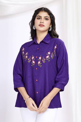  purple pure viscose floral embroidered shirt style top
