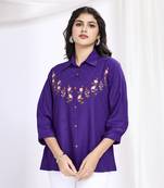  purple pure viscose floral embroidered shirt style top