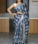 Dark Grey printed satin  pearl lace saree with unstitched blouse