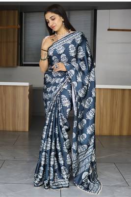 Dark Grey printed satin  pearl lace saree with unstitched blouse 2