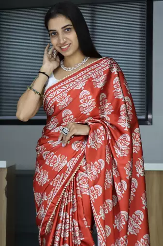 Maroon printed satin  pearl lace saree unstitched blouse