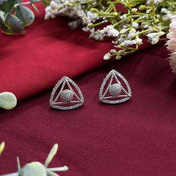 Triangle shape american diamond halo stud earrings in white gold for women and girls 1