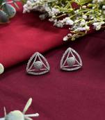 Triangle shape american diamond halo stud earrings in white gold for women and girls