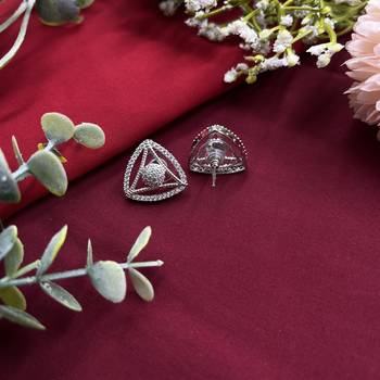 Triangle shape american diamond halo stud earrings in white gold for women and girls 2