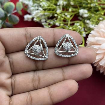 Triangle shape american diamond halo stud earrings in white gold for women and girls 3