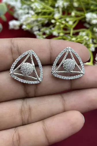 Triangle shape american diamond halo stud earrings in white gold for women and girls