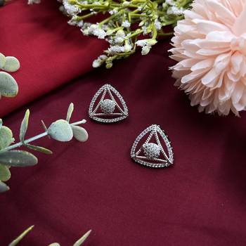 Triangle shape american diamond halo stud earrings in white gold for women and girls 4