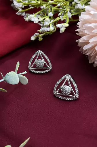 Triangle shape american diamond halo stud earrings in white gold for women and girls