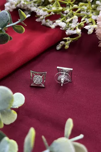 Princess cut ad stud earrings for women with pushback clasp