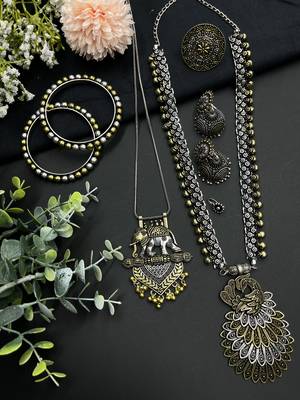 German silver plated dual tone peacock and elephant design statement necklace set 1