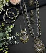German silver plated dual tone peacock and elephant design statement necklace set