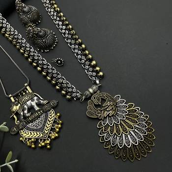 German silver plated dual tone peacock and elephant design statement necklace set 2