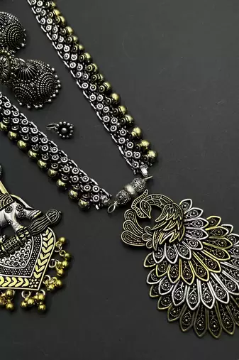 German silver plated dual tone peacock and elephant design statement necklace set