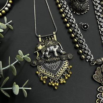 German silver plated dual tone peacock and elephant design statement necklace set 3