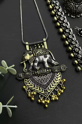 German silver plated dual tone peacock and elephant design statement necklace set