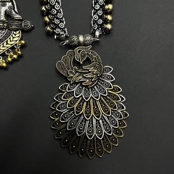 German silver plated dual tone peacock and elephant design statement necklace set 4