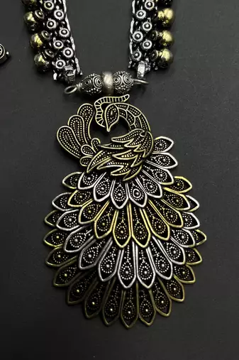 German silver plated dual tone peacock and elephant design statement necklace set