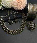 Dual tone silver and gold plated oxidized jewelry set of choker necklace, jhumka earrings, ring & cuff bangle