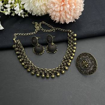 Dual tone silver and gold plated oxidized jewelry set of choker necklace, jhumka earrings, ring & cuff bangle 2