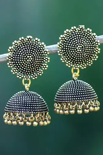 Dual tone silver and gold plated oxidized jewelry set of choker necklace, jhumka earrings, ring & cuff bangle