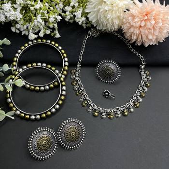 Dual tone silver and gold plated oxidized short necklace jewelry set 1