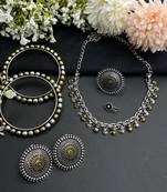 Dual tone silver and gold plated oxidized short necklace jewelry set