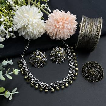 Oxidized dual tone jewelry set of choker necklace , earrings, ring & cuff bangle for wedding  wear 1