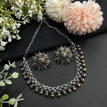 Oxidized dual tone jewelry set of choker necklace , earrings, ring & cuff bangle for wedding  wear 2