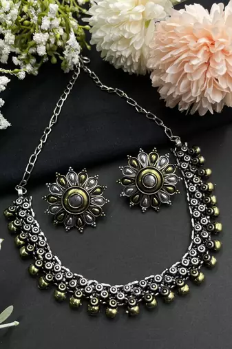 Oxidized dual tone jewelry set of choker necklace , earrings, ring & cuff bangle for wedding  wear