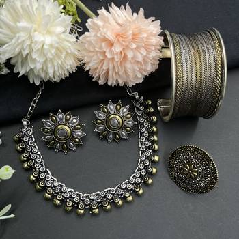 Oxidized dual tone jewelry set of choker necklace , earrings, ring & cuff bangle for wedding  wear 3