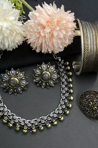 Oxidized dual tone jewelry set of choker necklace , earrings, ring & cuff bangle for wedding  wear