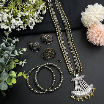 Indian oxidized gold and silver plated dual tone necklace combo set of 5 1