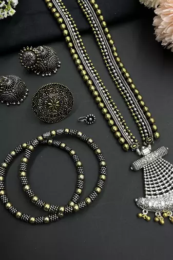Indian oxidized gold and silver plated dual tone necklace combo set of 5