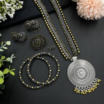 Oxidized gold and silver plated jewelry combo set of 5 with round pendant and ghungroo design 1