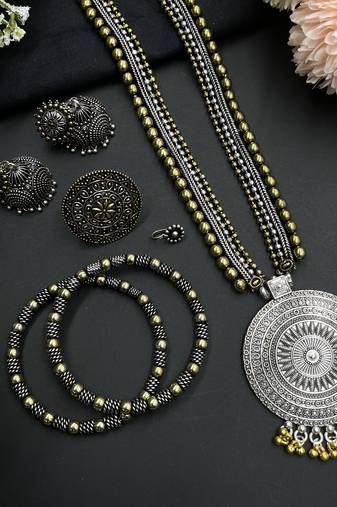 Oxidized gold and silver plated jewelry combo set of 5 with round pendant and ghungroo design